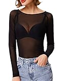 Damen Langarm Shirt Transparent Tüll Mesh Bluse Body...