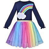Mädchen Kleid Regenbogen Bunt Tüll Rock Langarm Urlaub...