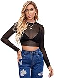 DIDK Damen Crop Top mit Transparenten Netsztoff Langarm...