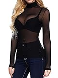 Damen Sexy Mesh Sheer Oberteile Langarm Rollkragenpullover...