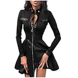 Healter Partykleider Damen Lederkleid Langarm Spitzen...