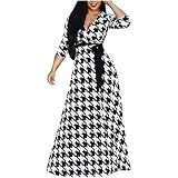 Damen Maxikleid Mode Schwingkleid mit Hahnentritt Muster V...
